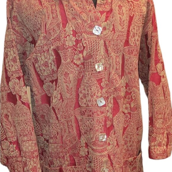 Vintage Harari Red Brocade Textured Jacket Long Sleeve Button Down Top One Size - Picture 2 of 16